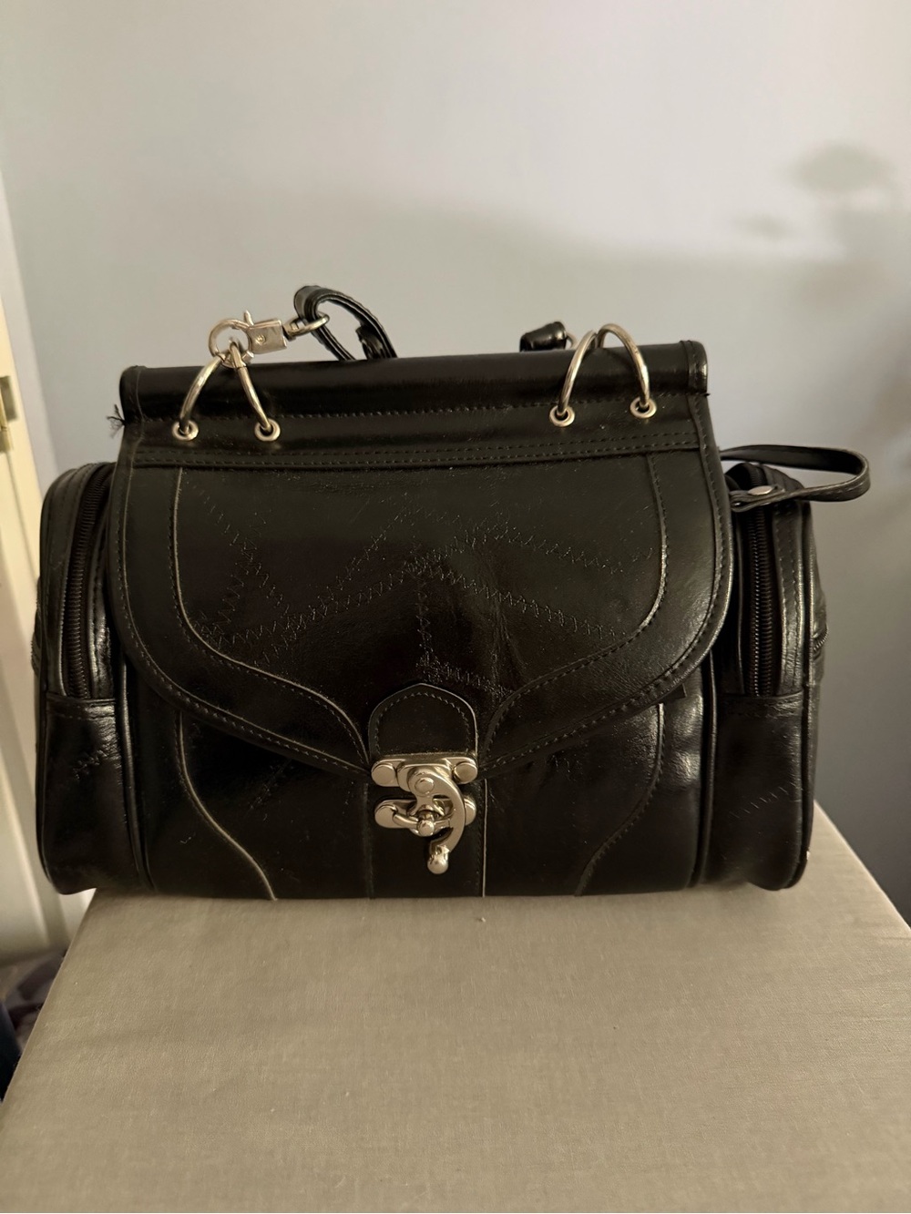 Black Leather Satchel Handbag - Unbranded